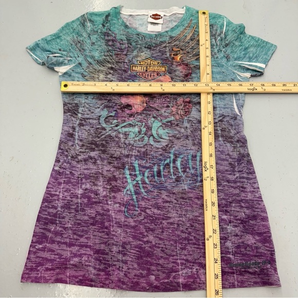 Y2K Harley Davidson Skull Sheer Shirt Multicolor Fitted Slim Women’s XL - Picture 3 of 5